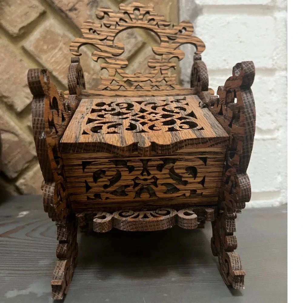 Folk art Handmade fretwork wooden basket hinged compartments‎ signed
